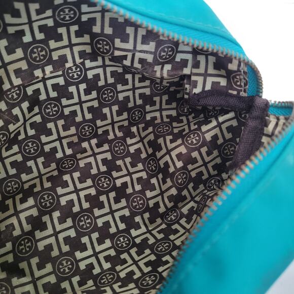 Tory Burch Cosmetic Toiletry Bag Case Teal Blue Pouch Zip Around Logo Medium - Picture 3 of 10